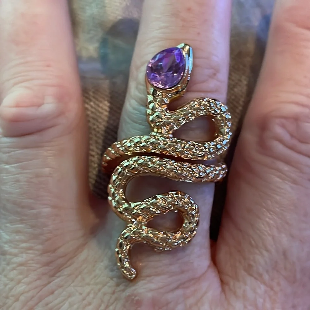 Gold Snake Ring Purple Faux Gemstone size 8